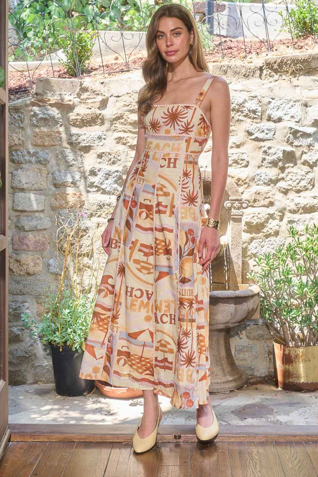 midi beach dress Moon River Square Neck - Ivory Multi Size:20 USA