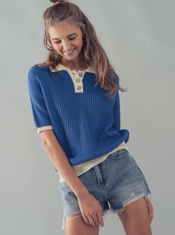 Contrast Color Polo Sweater