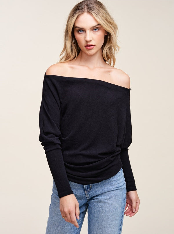 Off-The-Shoulder Hacci Tunic Top - black