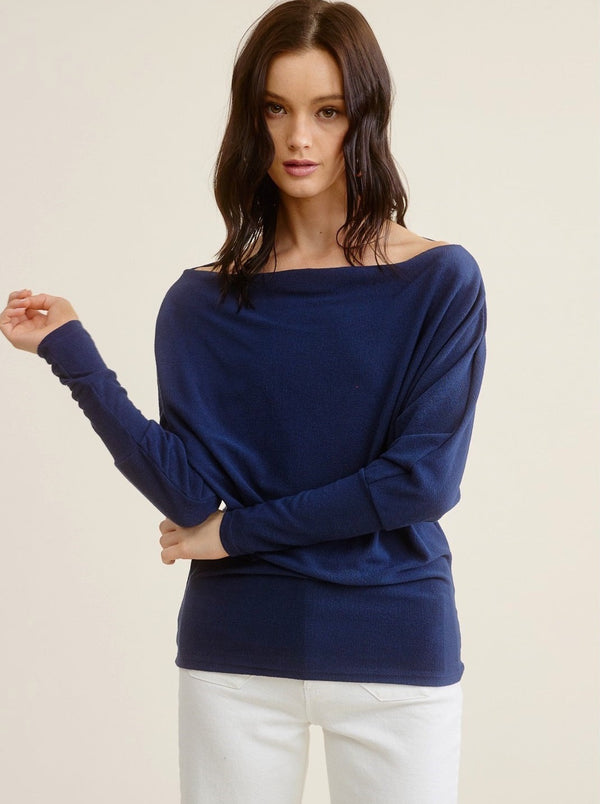 Off-The-Shoulder Hacci Tunic Top - navy