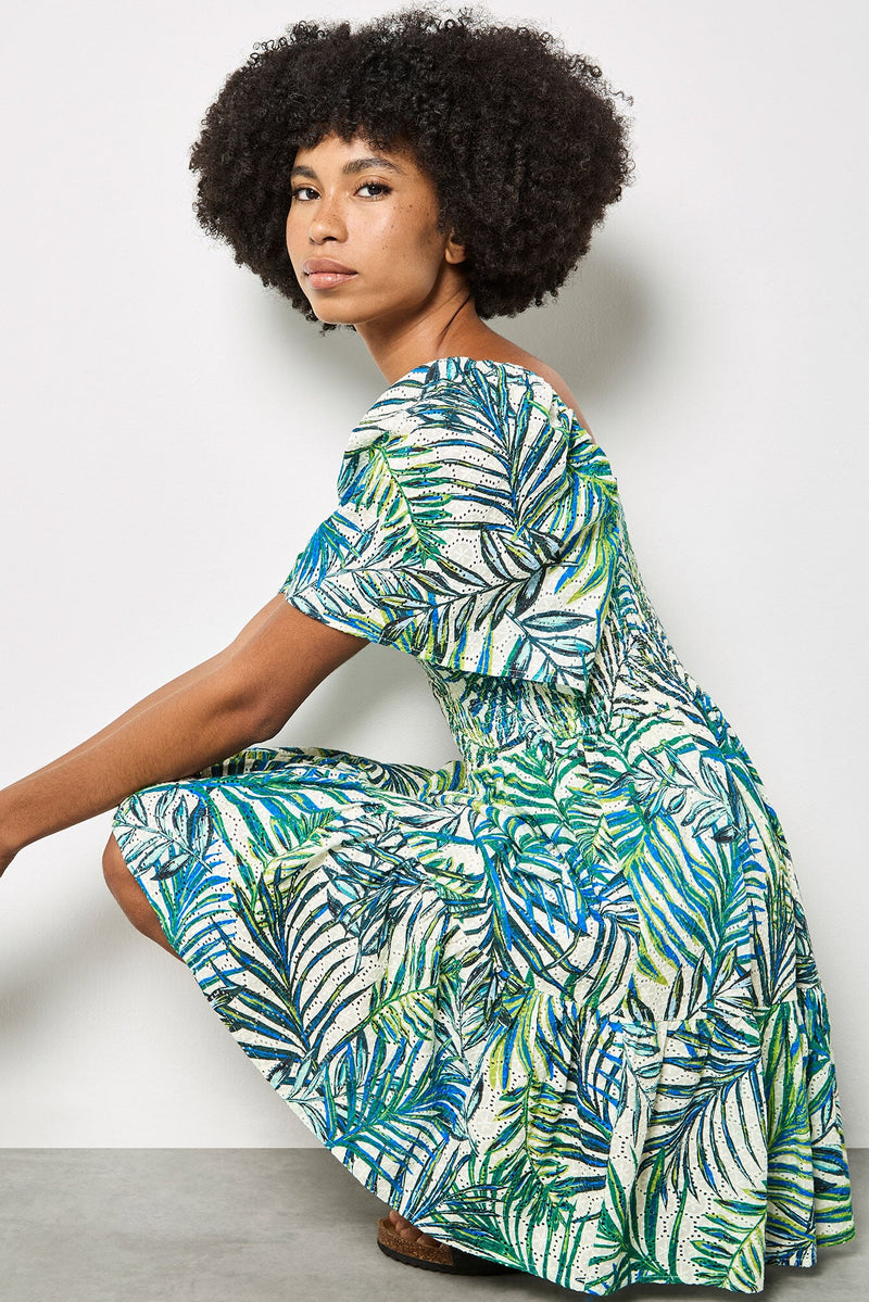 Palm Print Cotton Broderie Mini Dress