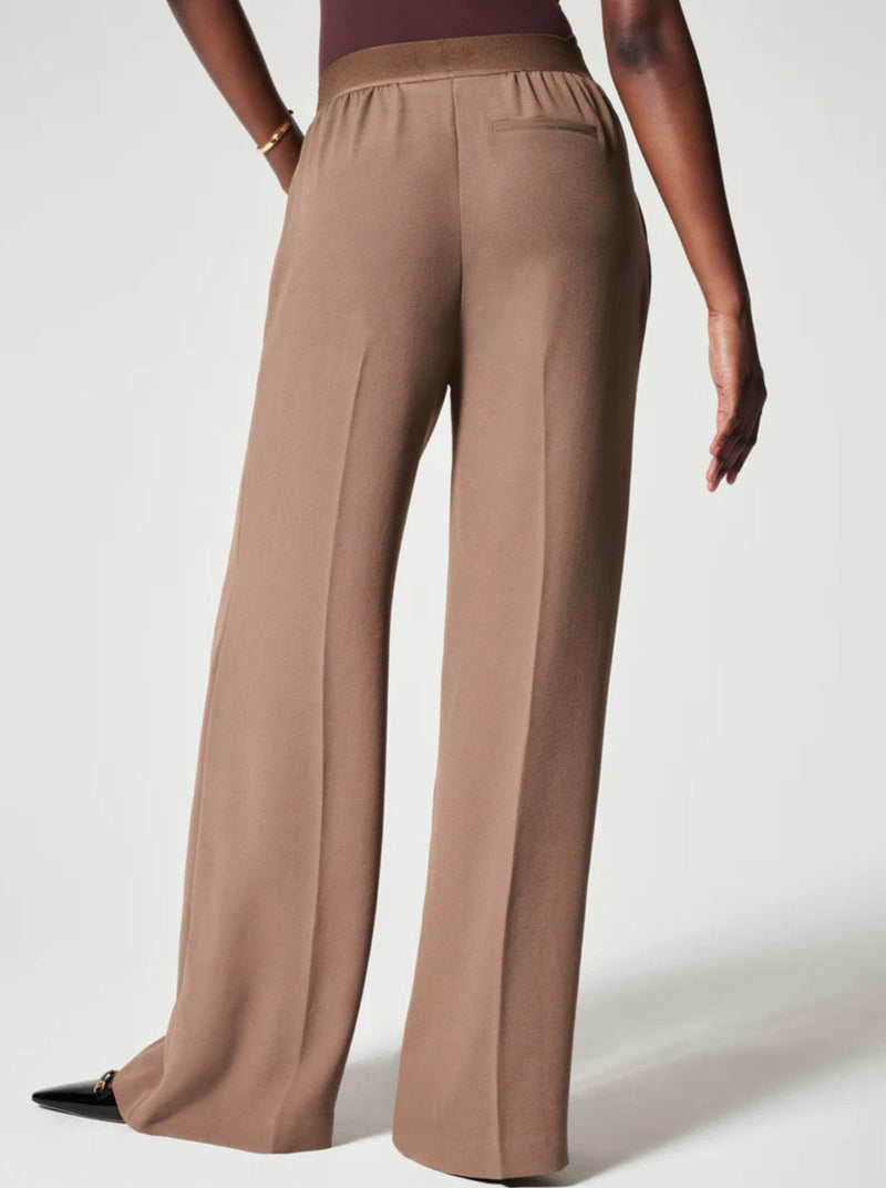 spanx carefree crepe pleated trouser, pull on, pockets, wide leg, cedar