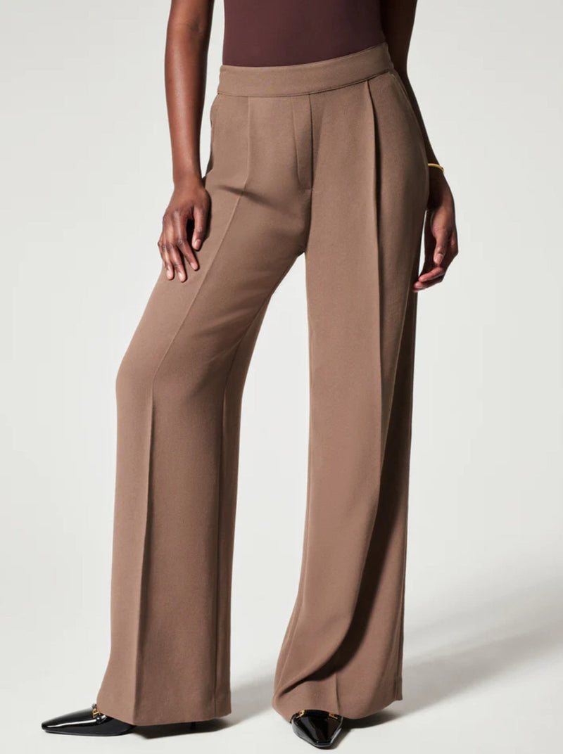 spanx carefree crepe pleated trouser, pull on, pockets, wide leg, cedar