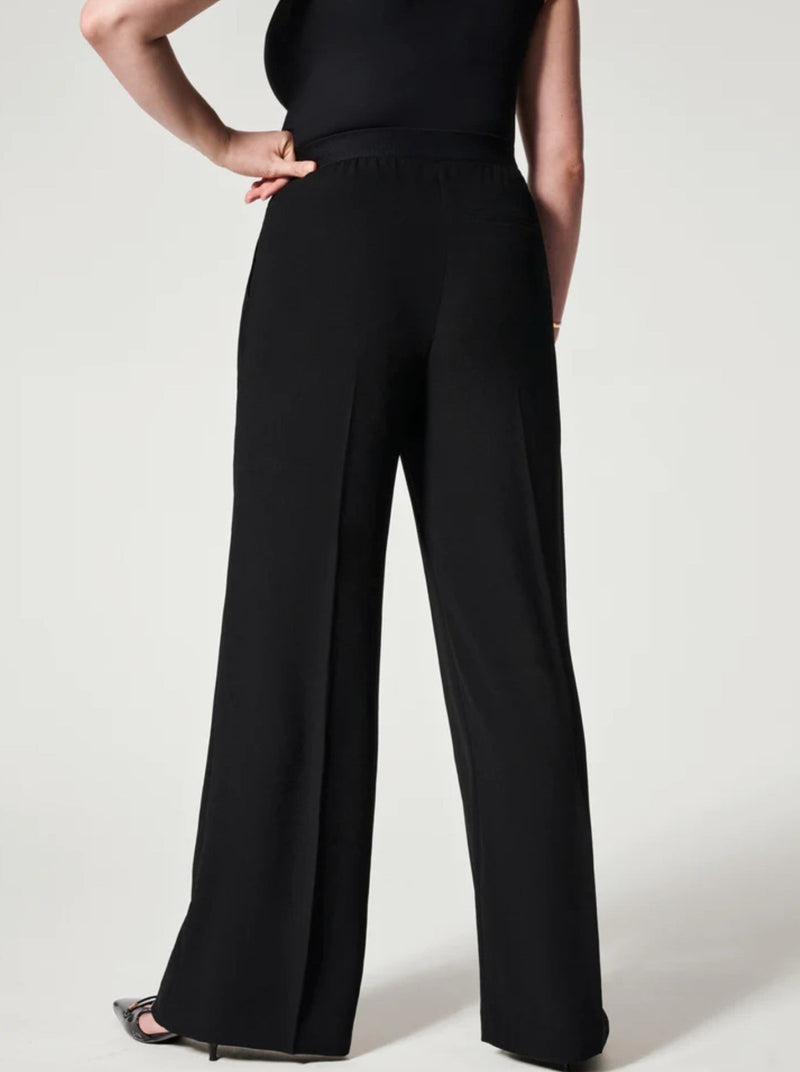 spanx carefree crepe pleated trouser, pull on, pockets, wide leg, black