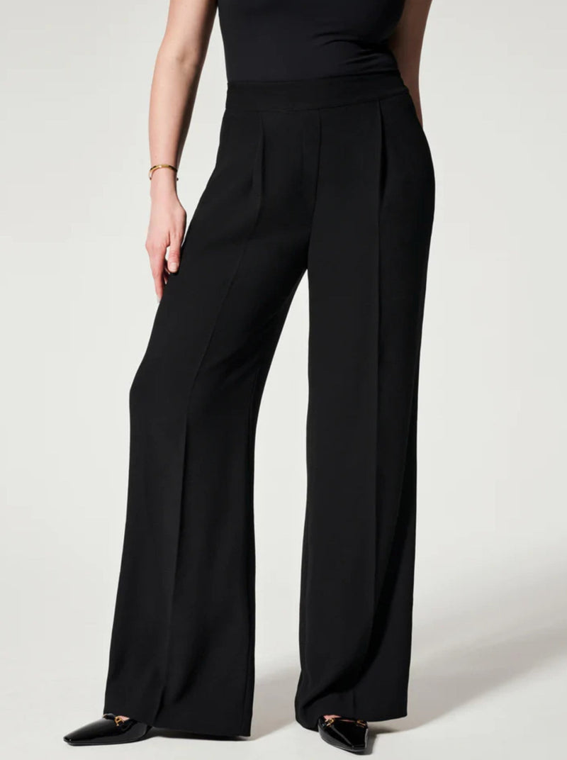 spanx carefree crepe pleated trouser, pull on, pockets, wide leg, black