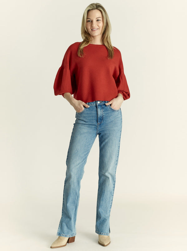 Dramatic Balloon Sleeve Pullover Sweater - lava
