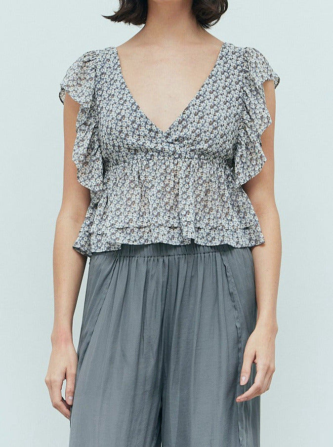 Floral Print Ruffled Crop Blouse