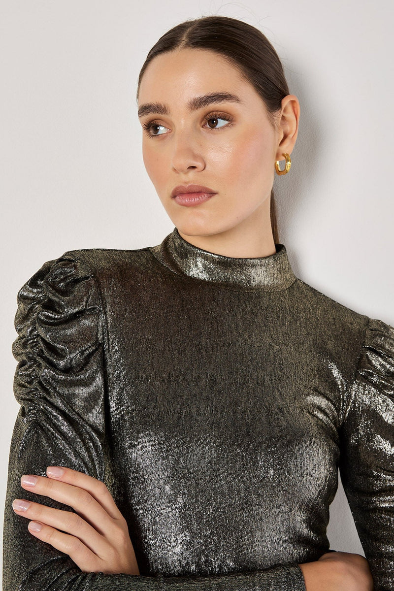 Metallic Foil Ruched Shoulder Top