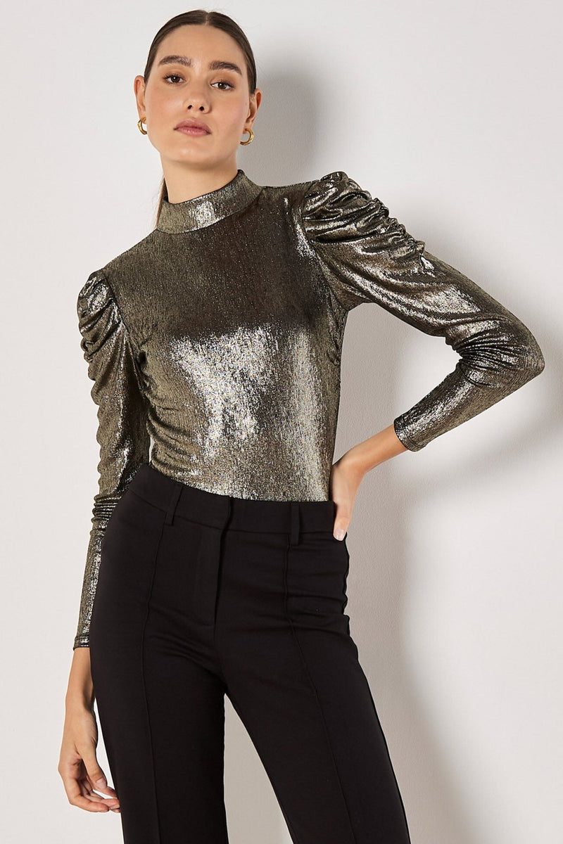 Metallic Foil Ruched Shoulder Top