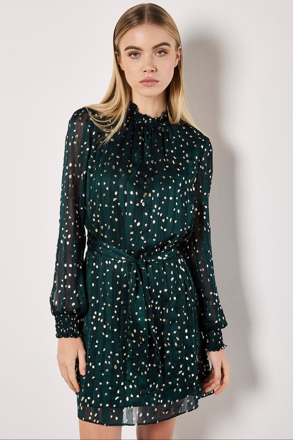 Gold Foil Spot Self-Stripe Mini Dress