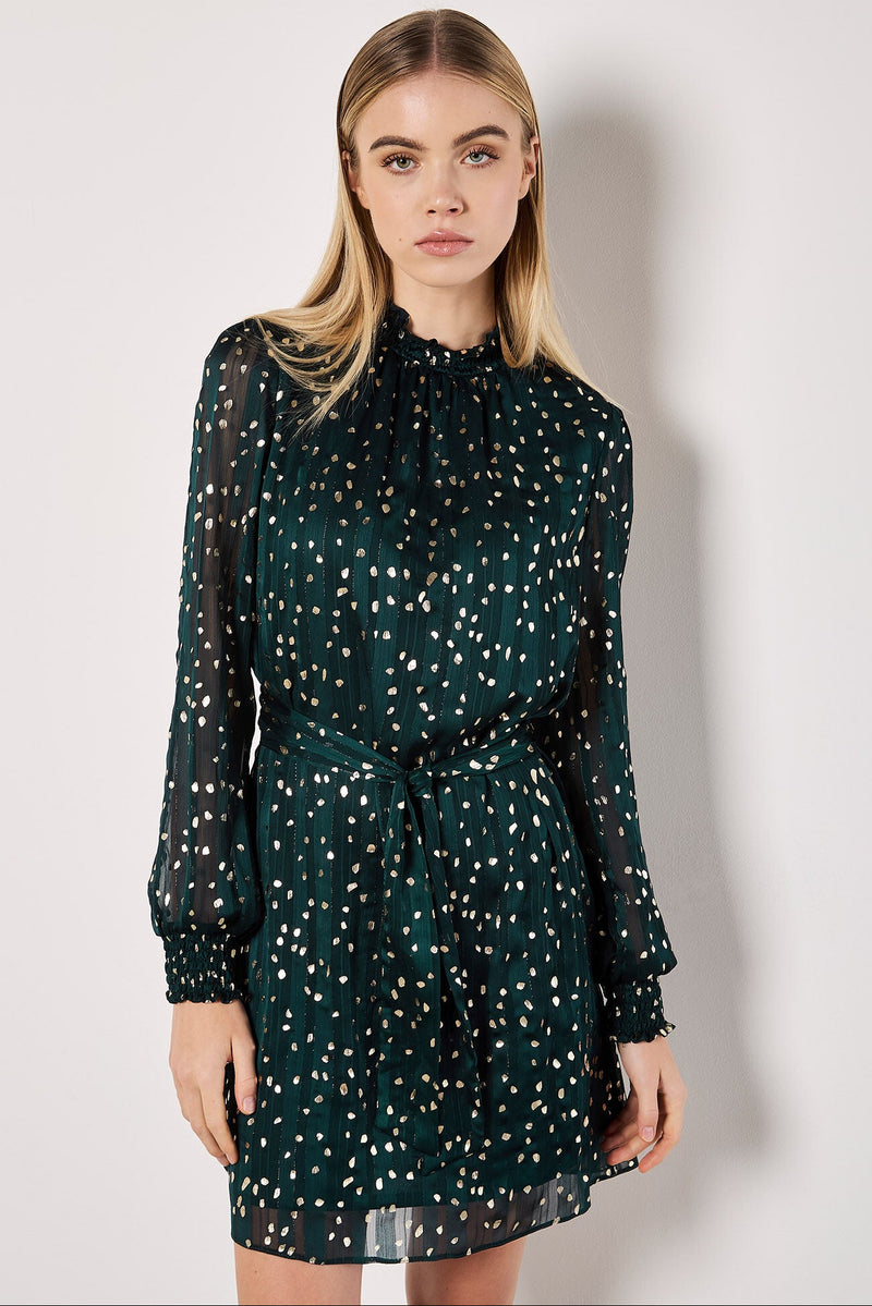 Gold Foil Spot Self-Stripe Mini Dress