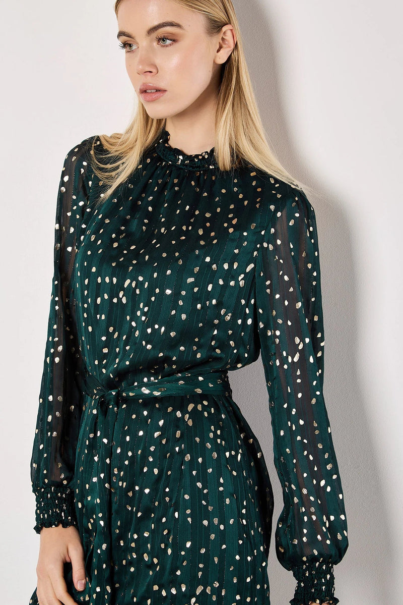 Gold Foil Spot Self-Stripe Mini Dress