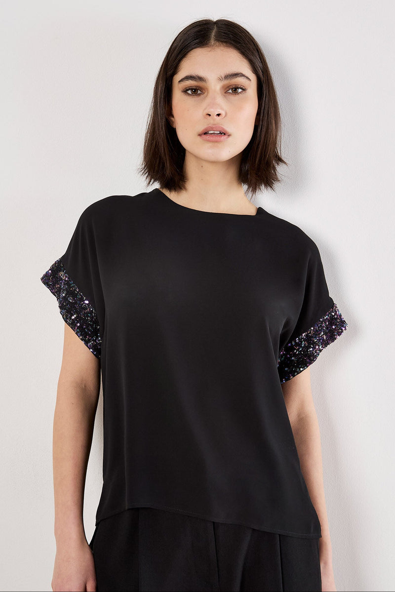 Sequin Trim Chiffon Layered T-Shirt