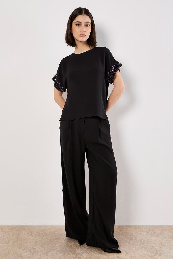 Sequin Trim Chiffon Layered T-Shirt