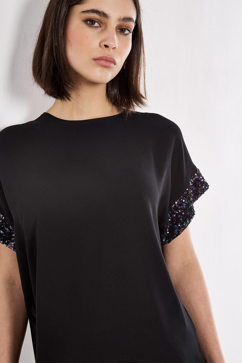Sequin Trim Chiffon Layered T-Shirt