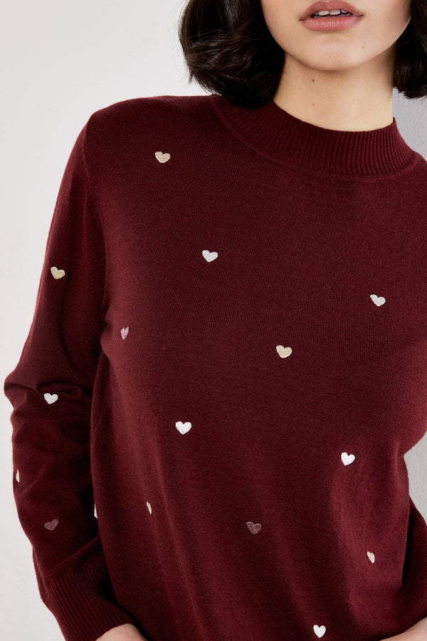 Embroidered Hearts Fine Knit Sweater