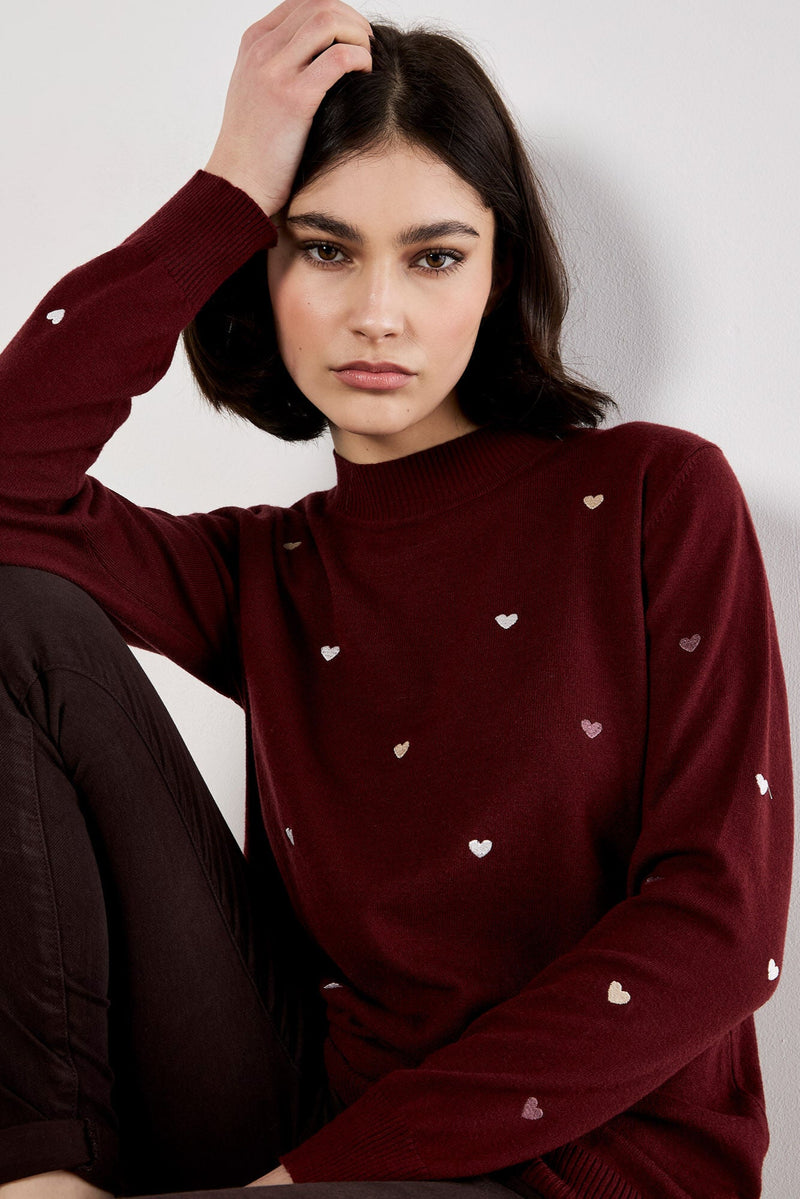 Embroidered Hearts Fine Knit Sweater