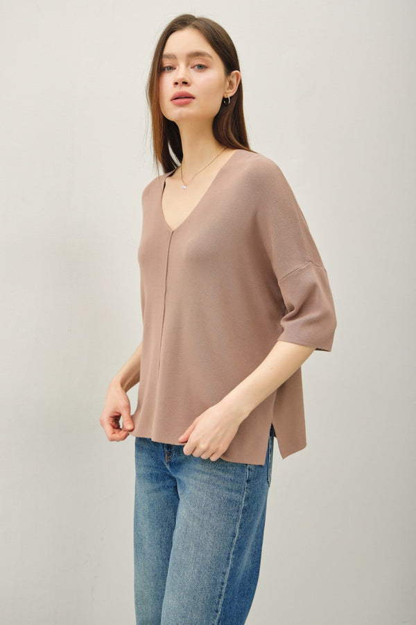V Neck Half Sleeve Knit Top