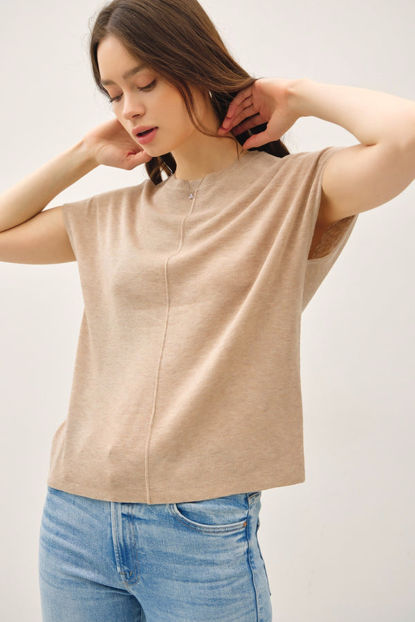 Cap Sleeve Wool Blend Melange Knit Top