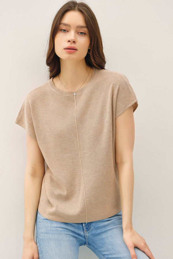 Cap Sleeve Wool Blend Melange Knit Top