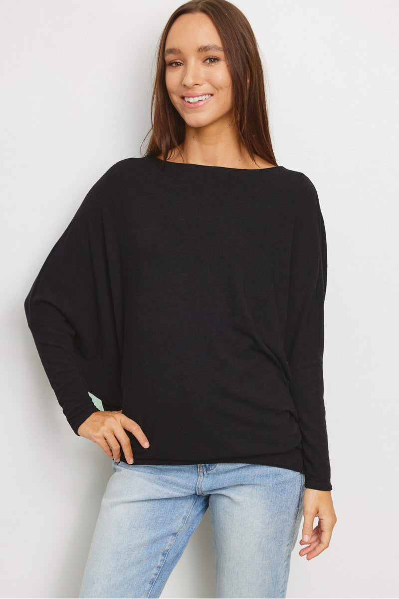 Dolman Sleeve Hacci Tunic Top - black