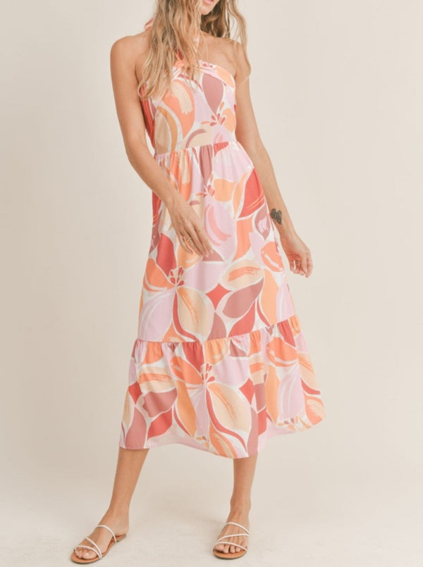 sadie and sage sunset on the shore floral midi dress, halter neck, ruffle hem, pink multi