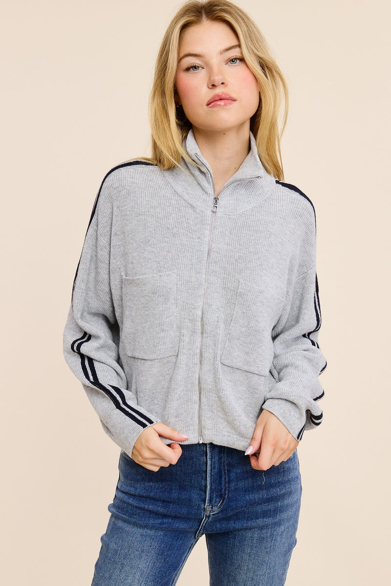 Striped Zip Front Knit Sweater