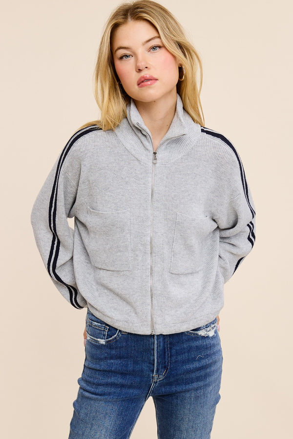 Striped Zip Front Knit Sweater