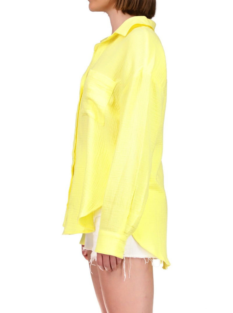 sanctuary slit back tunic top, collared, button front, long sleeves, high low hem, chest pocket, lemoncello
