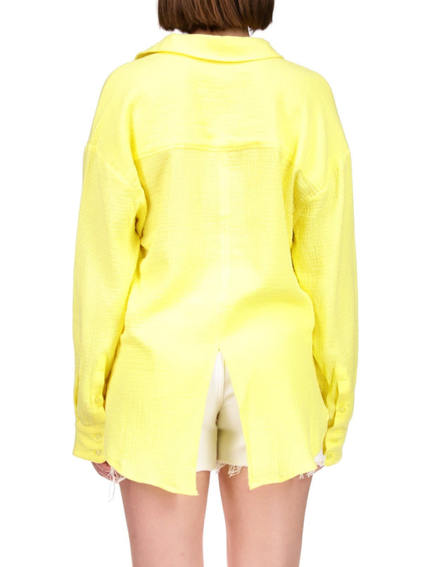 sanctuary slit back tunic top, collared, button front, long sleeves, high low hem, chest pocket, lemoncello