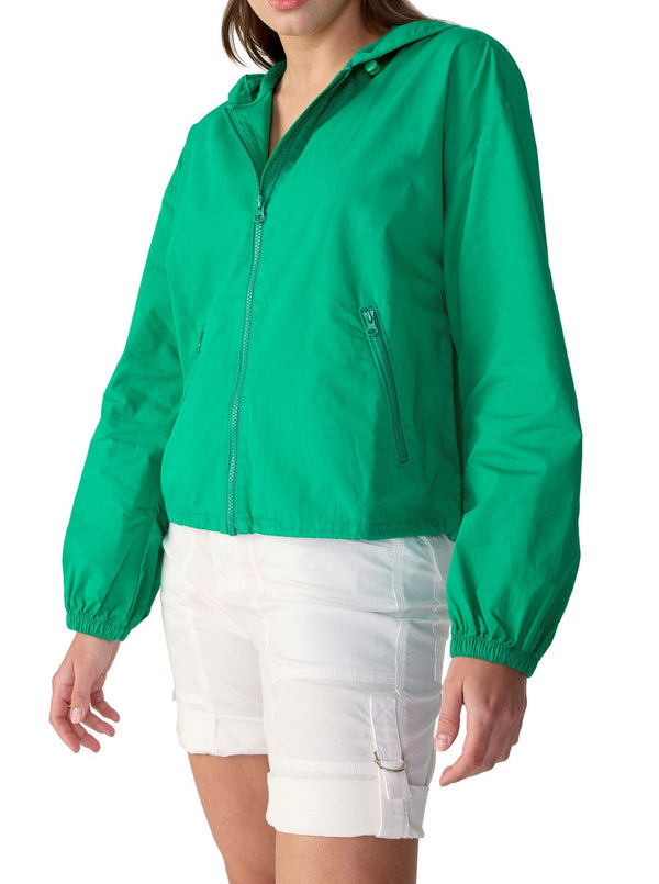 sanctuary 90s windbreaker jacket, zip front, hoodie, long sleeves, drawstring waist, rigig poplin, jelly bean green