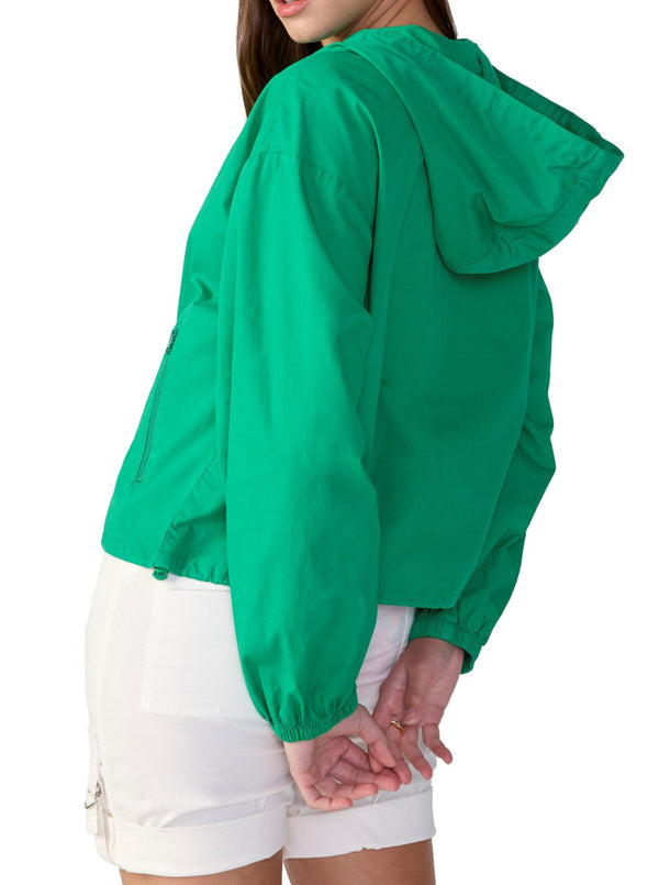sanctuary 90s windbreaker jacket, zip front, hoodie, long sleeves, drawstring waist, rigig poplin, jelly bean green