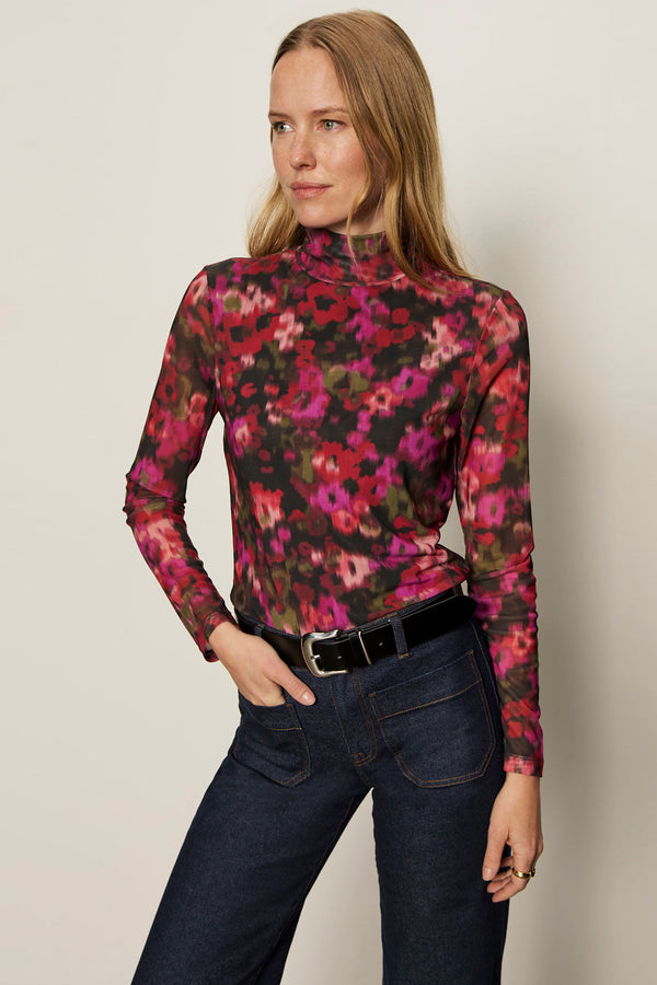 Long Sleeve Mesh Mock Neck Top - berry glow