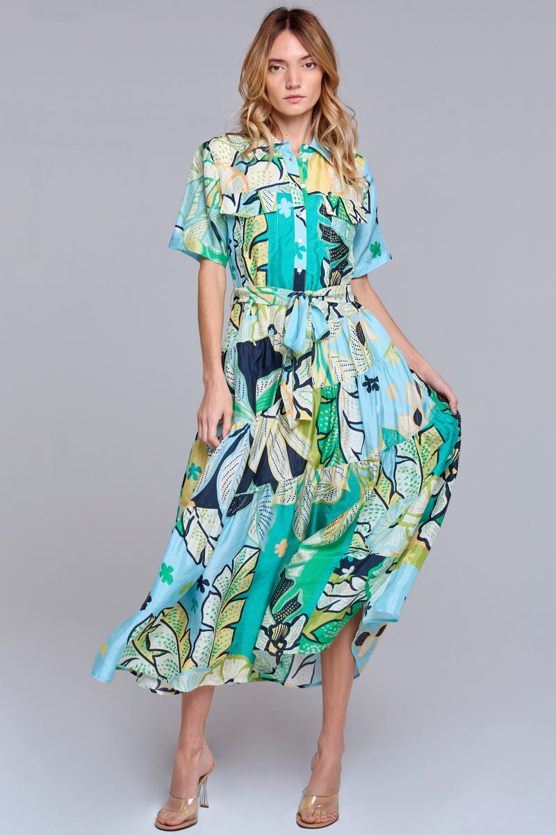Soryn Patchwork Floral Print Midi Dress