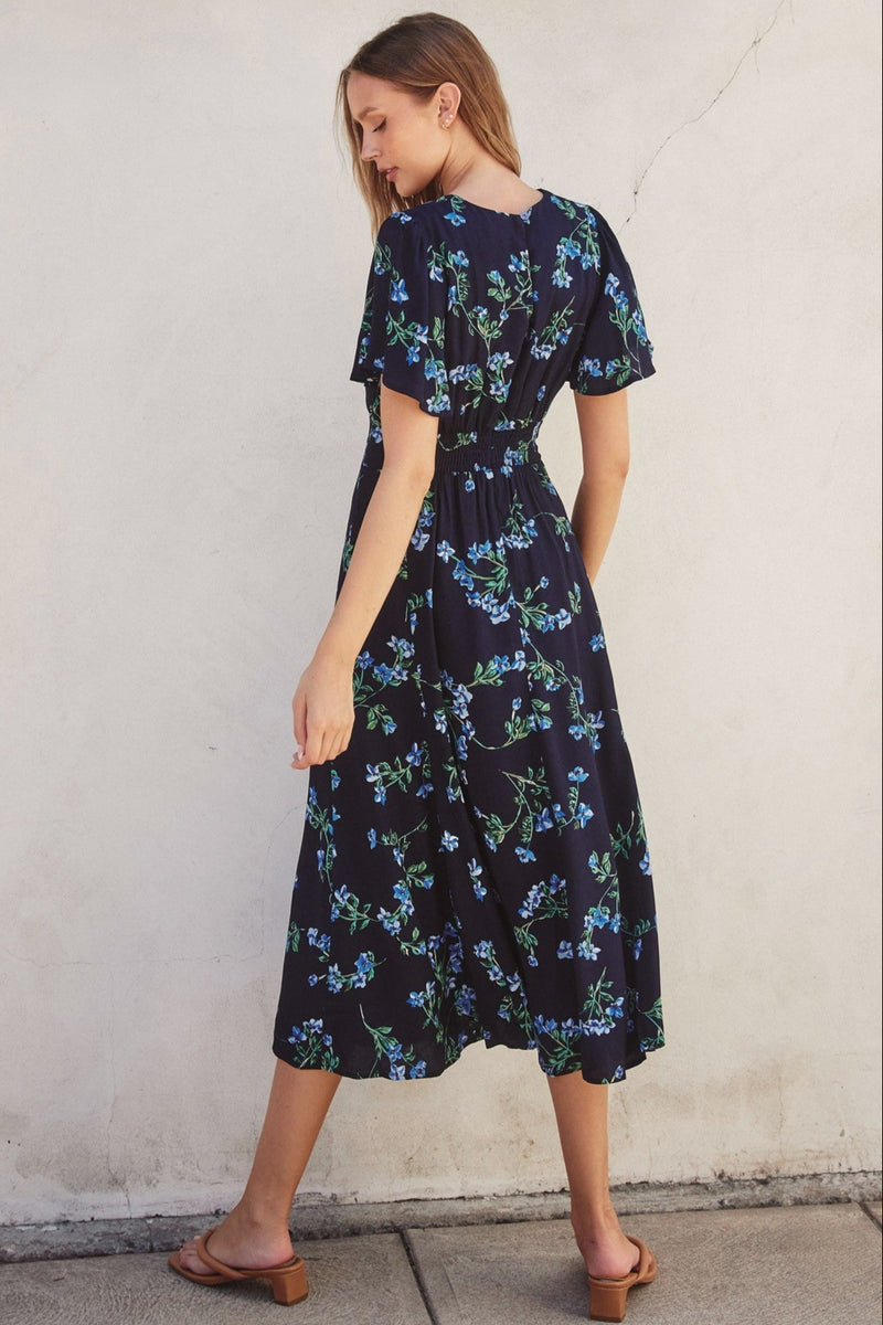 Smocked Back Floral Midi Dress