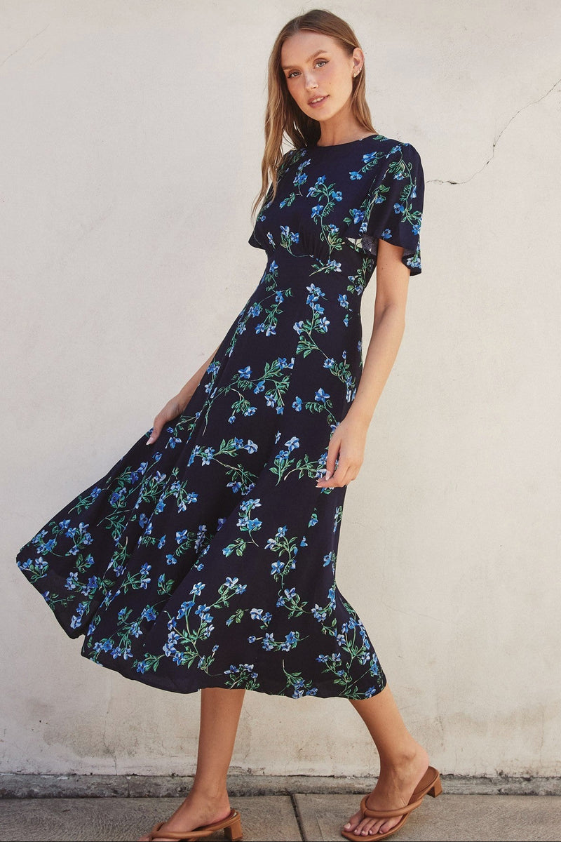 Smocked Back Floral Midi Dress