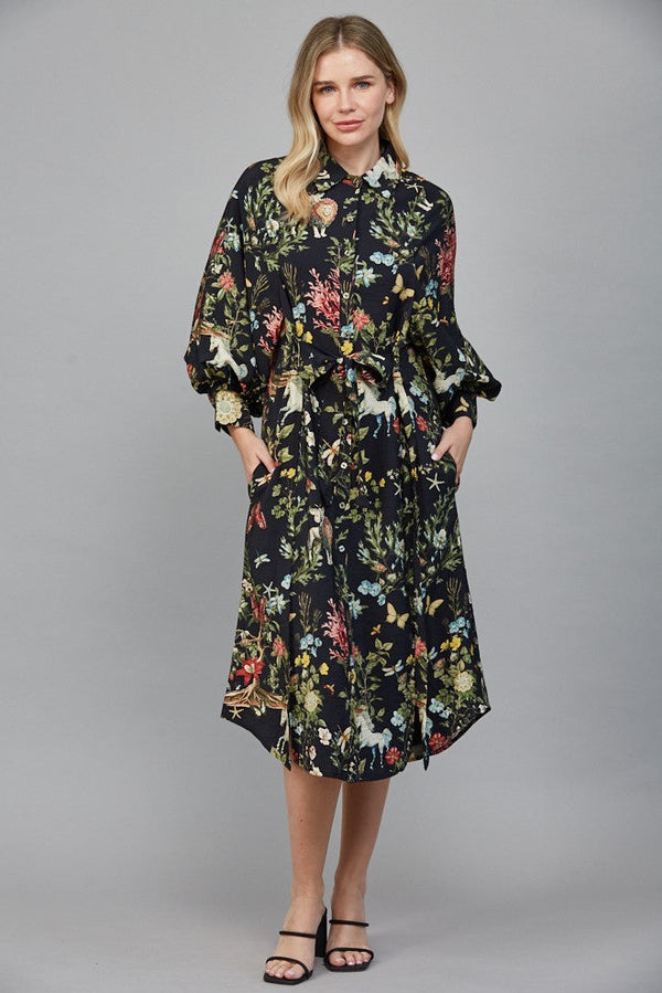 Botanical Tie Waist Shirt Dress