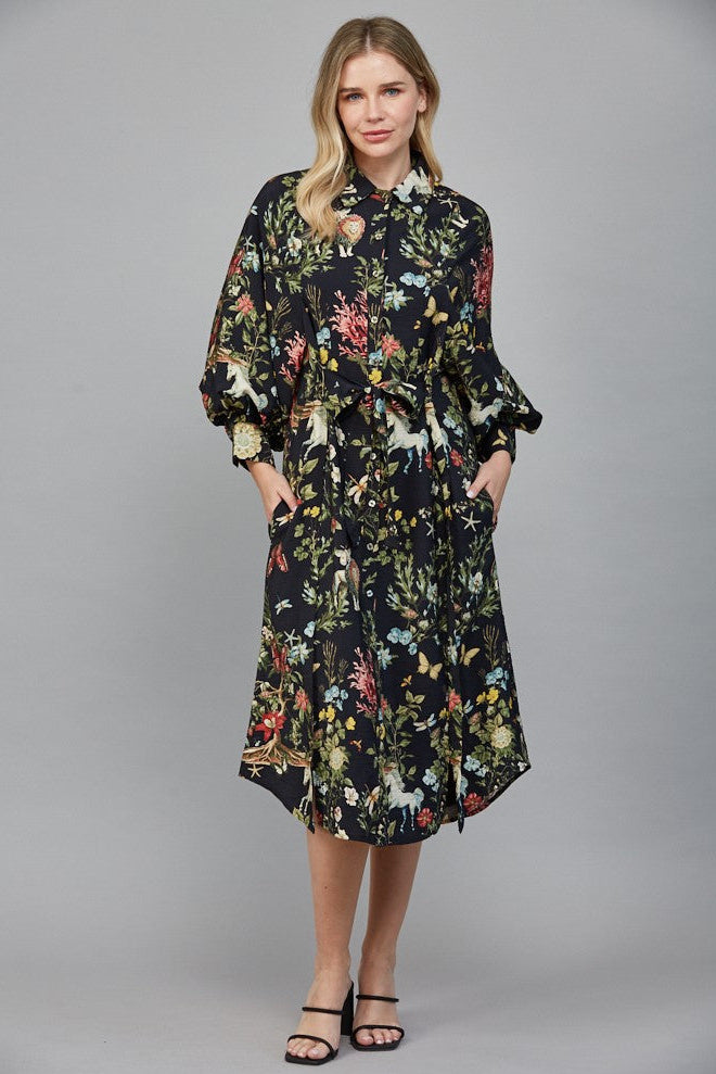 Botanical Tie Waist Shirt Dress