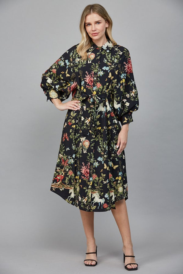 Botanical Tie Waist Shirt Dress
