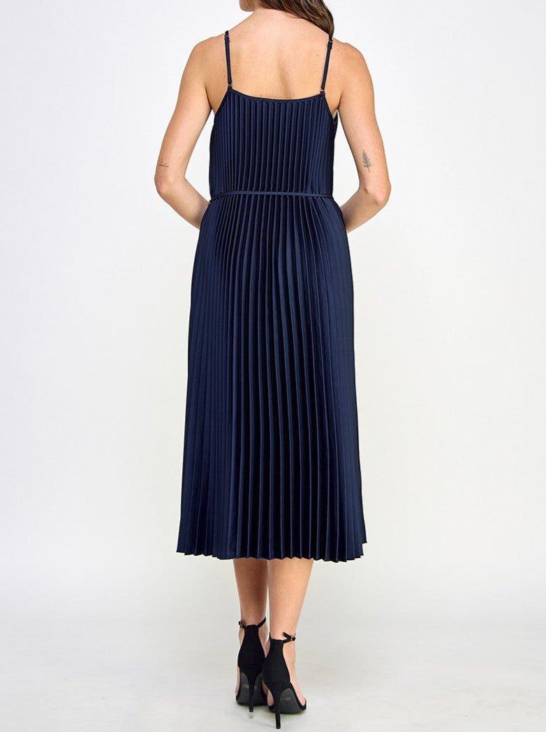 Pleated Dress With Tie Belt - navy