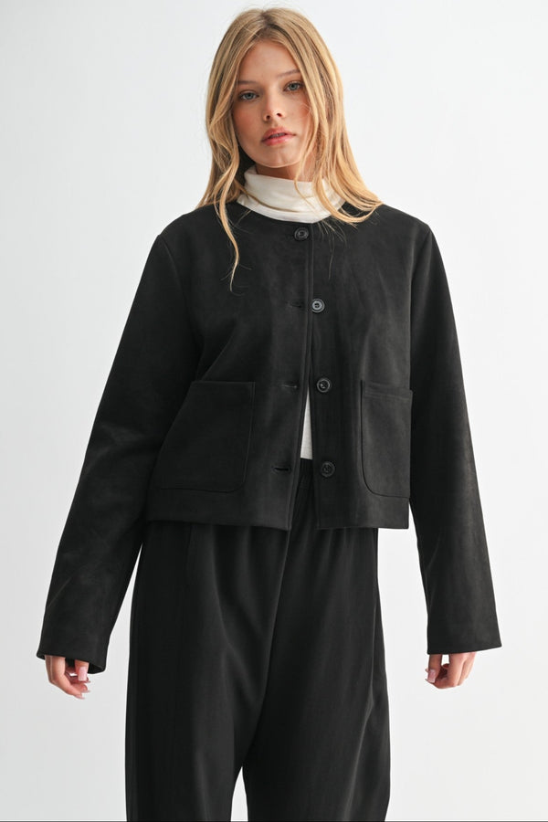 Faux Suede Collarless Jacket
