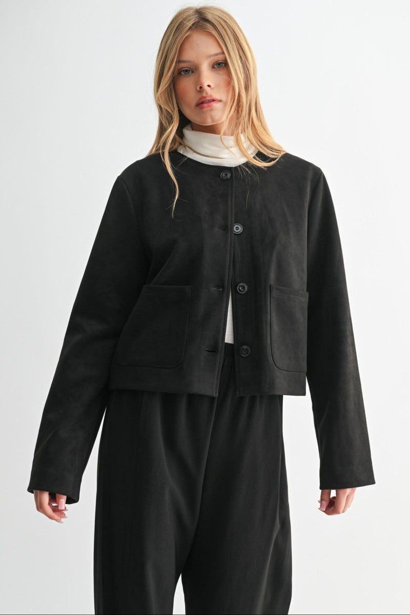 Faux Suede Collarless Jacket