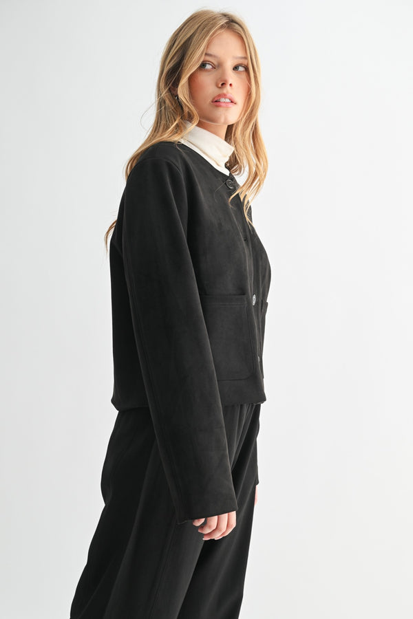 Faux Suede Collarless Jacket