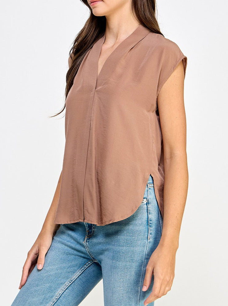 Sleeveless V-Neck Blouse - cocoa