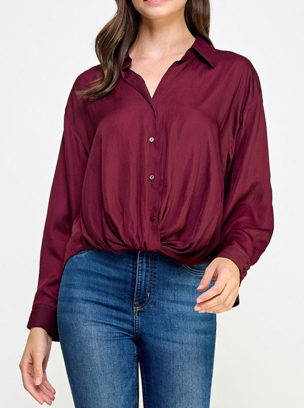 Knotted Hem Satin Shirt - burgundy