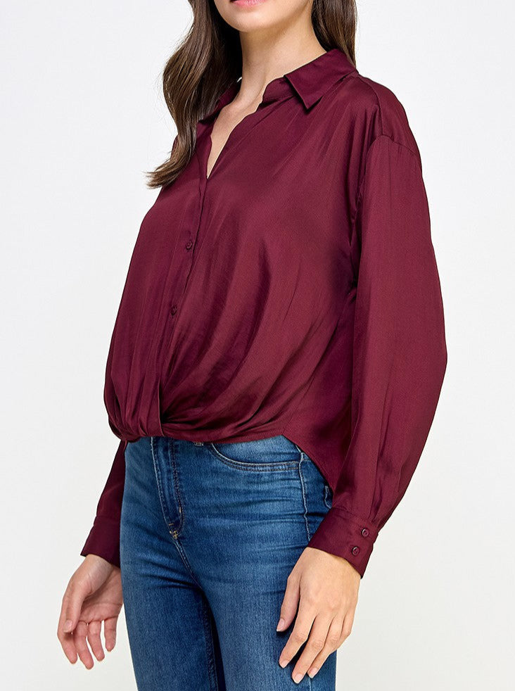 Knotted Hem Satin Shirt - burgundy