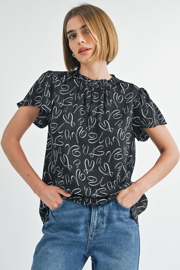 Abstract Print Blouse With Ruffle Detail