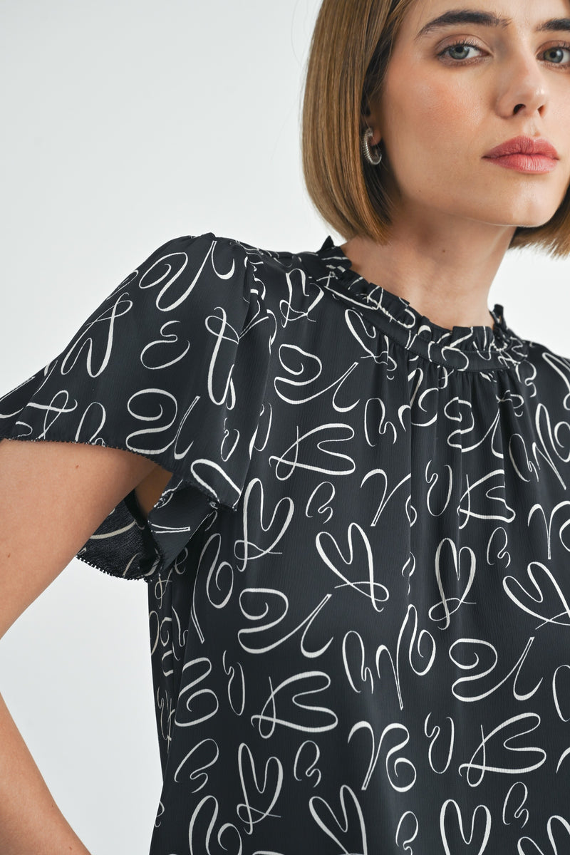 Abstract Print Blouse With Ruffle Detail
