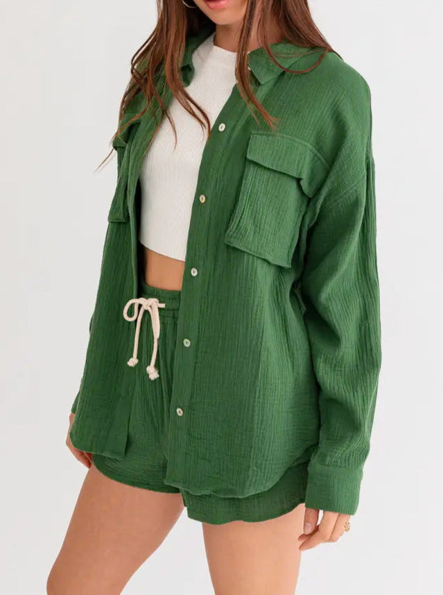 Cargo Pocket Detail Textured Oversized Shirt