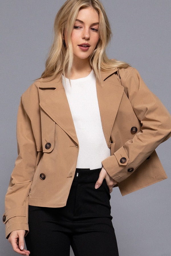 Double Breasted Cropped Trench - khaki